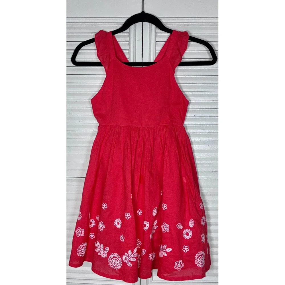 Mini Boden Floral Embroidered Dress 8-9Y Red Cross Back Ruffle‎ Summer Sundress